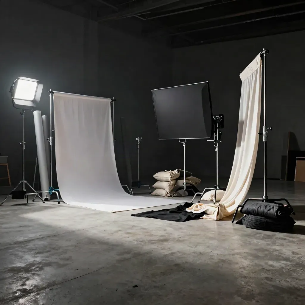 Half-built film set in a concrete studio with lights, silk, backdrops and haze
