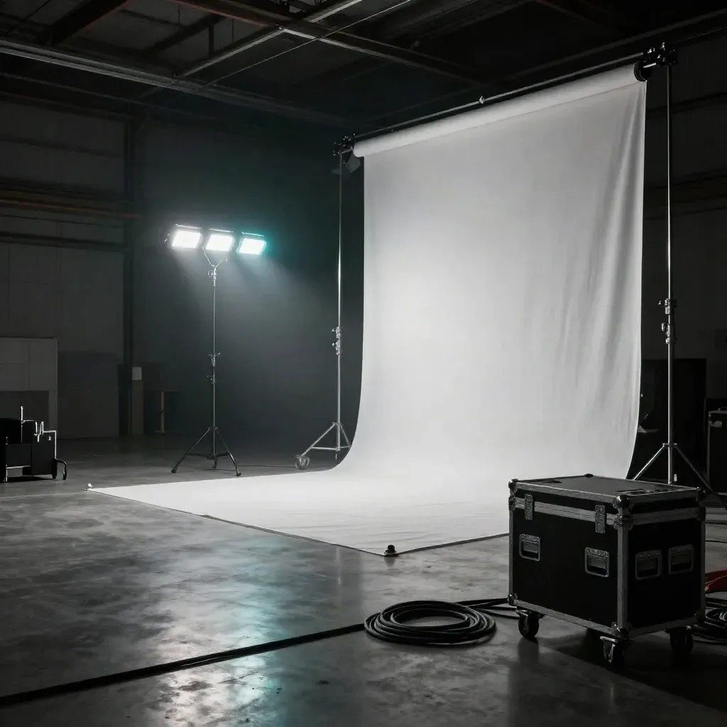 Dark warehouse film set with diffusion silk, cases, flags, tube lights and cyan reflections.