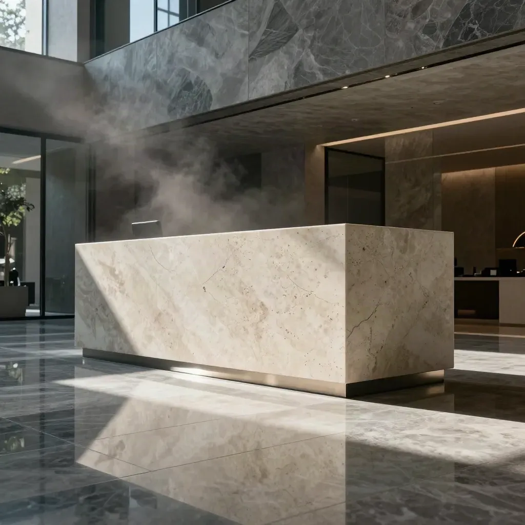Polished glass-and-stone lobby with pedestal, mirrored floor reflections, and soft haze