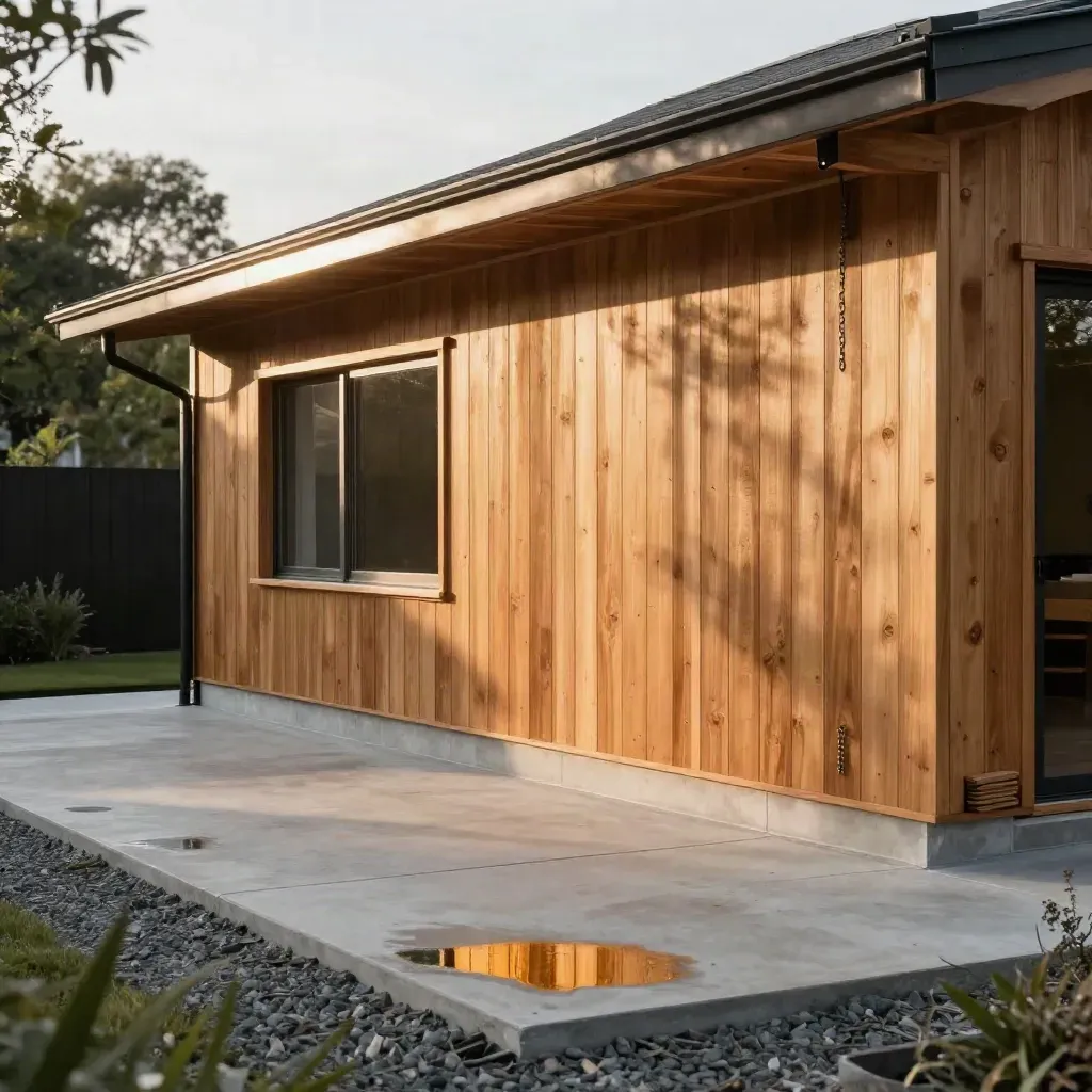 Low-angle view of a finished timber-clad Harth Builders facade with wet concrete and stacked offcuts.