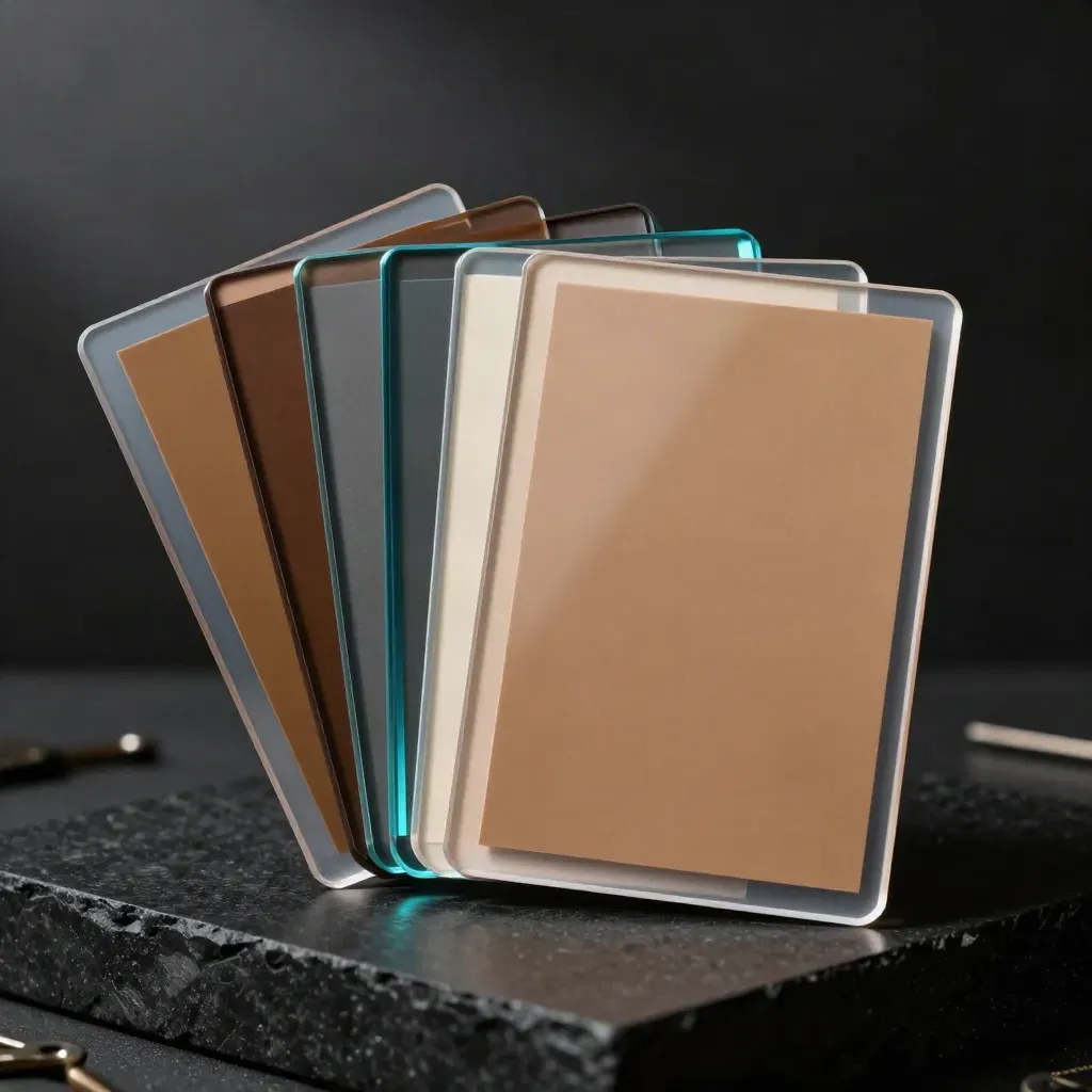 Fanned acrylic title-card panels and colour swatches on a dark plinth with cyan highlights.