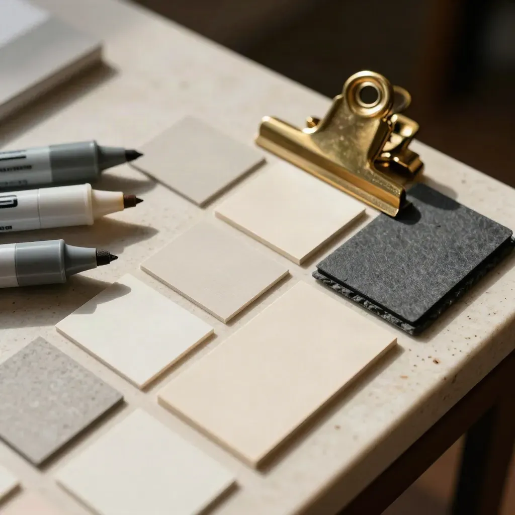 Macro tray of creative direction tools on travertine with brass and slate accents.