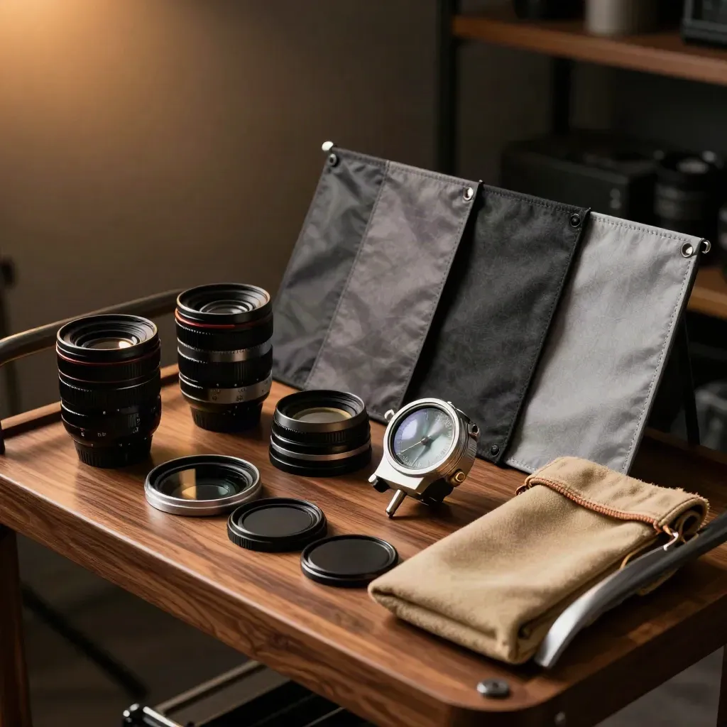 DOP kit with filters, flags, meter and pouch on a warm walnut cart in dramatic light.