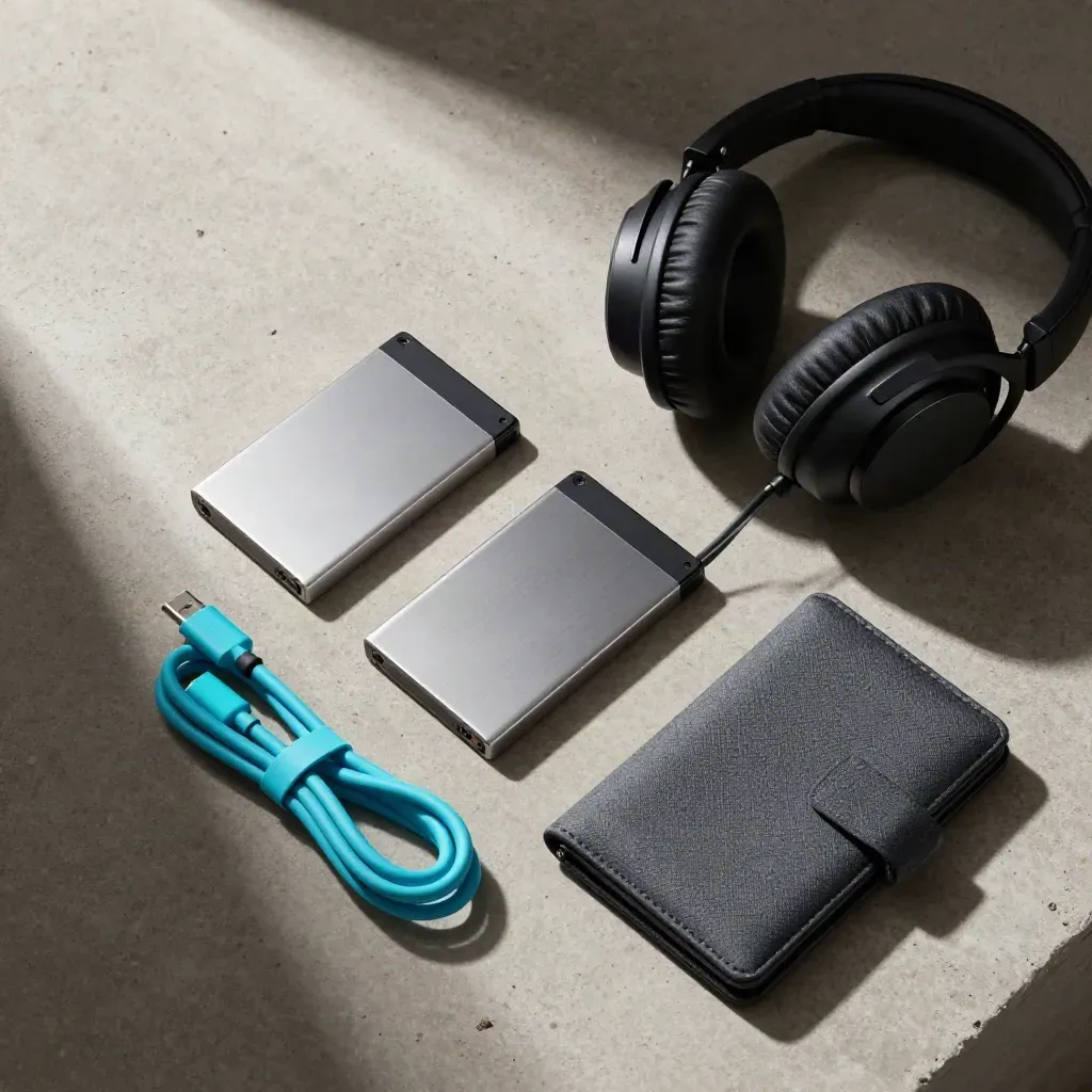 Top-down flatlay of SSDs, headphones, cable and card wallet on concrete with cyan accent.